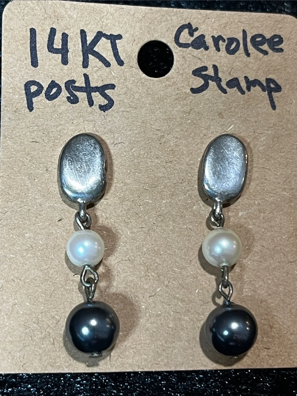 Vintage Carolee 14K Gold Post Dangle Earrings White & Black Pearl Drops